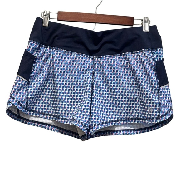 Athleta Ready Set Running Shorts Blue Tone Multi-Color Geo Design Size Small - Picture 3 of 13